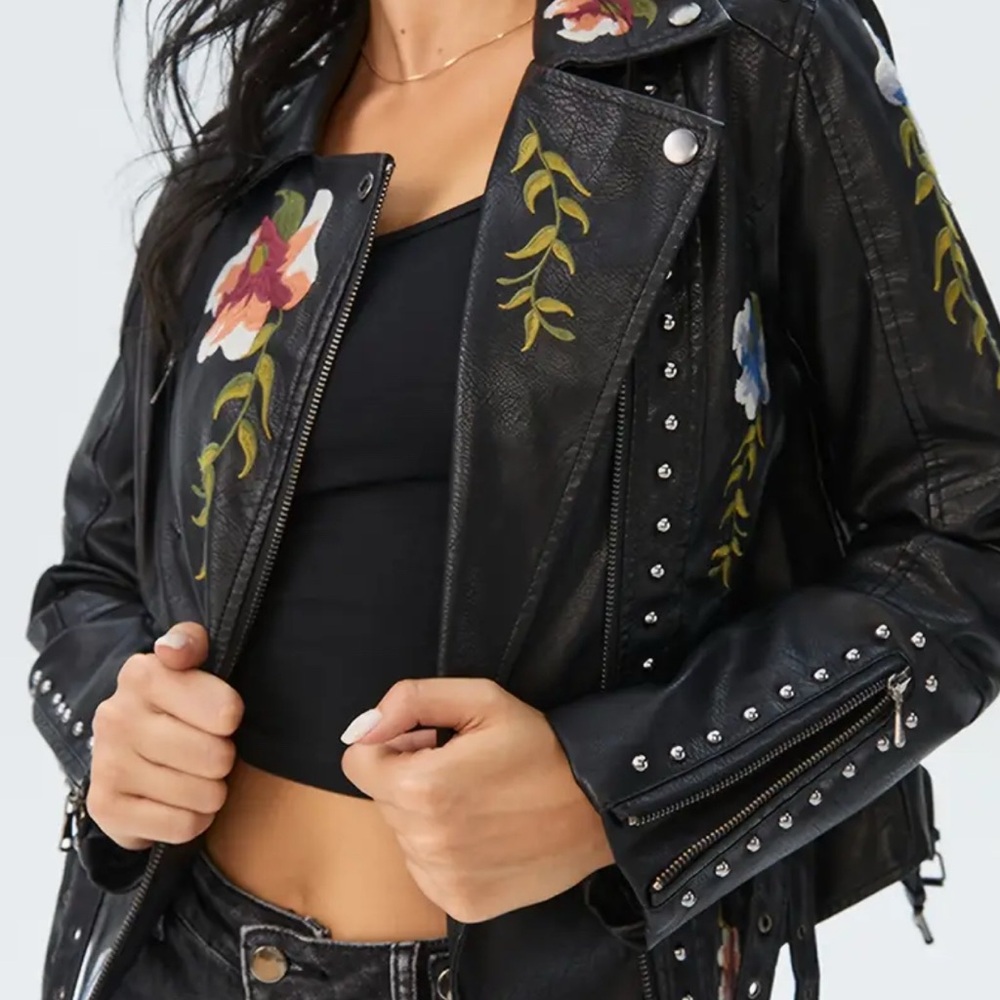Floral Embroidery Black Motorcycle Jacket